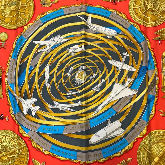 Hermes Red Multi Reves d’Espace Aircraft Print Square Silk Twill Scarf - Picture 5 of 10